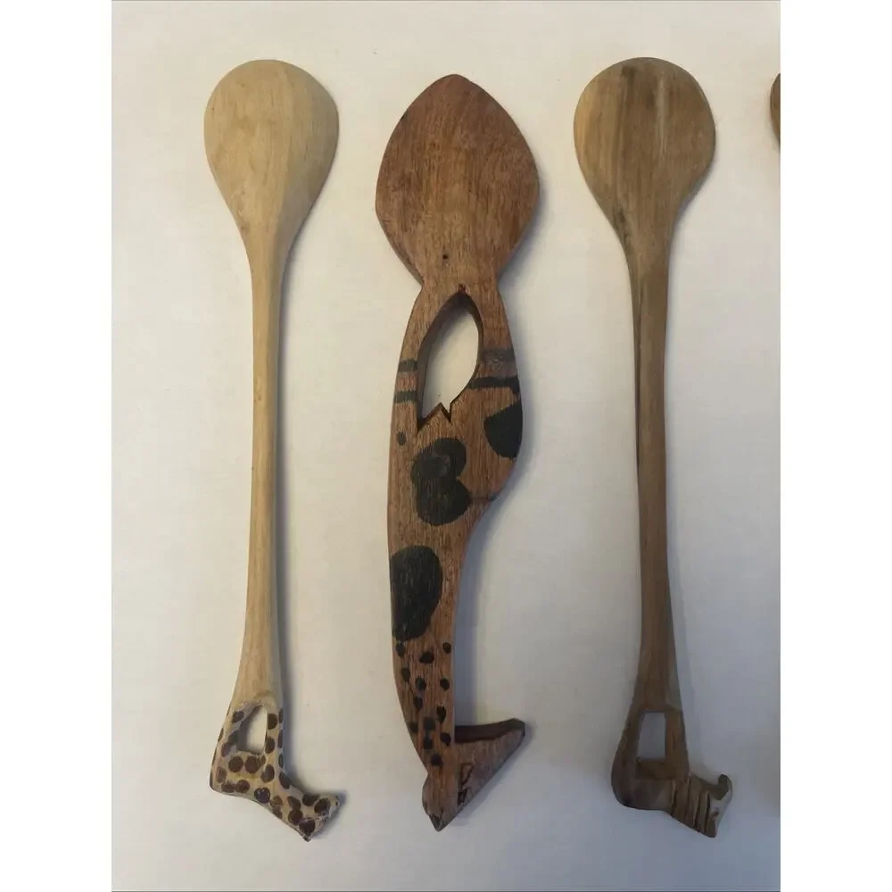 (Lot of 5 Pc) African Hand Carved Animal Giraffe Rhino Design 6-7” Wooden Spoons
